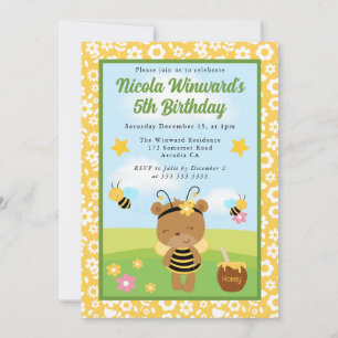 Cute Honey Bear and Bees Kids Birthday Invitation