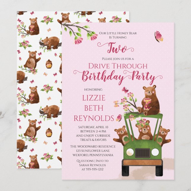 Cute Honey Bear Drive Thru Girl 2nd Birthday Party Invitation (Front/Back)