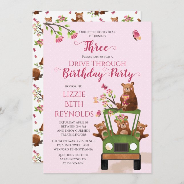 Cute Honey Bear Drive Thru Girl 3rd Birthday Party Invitation (Front/Back)