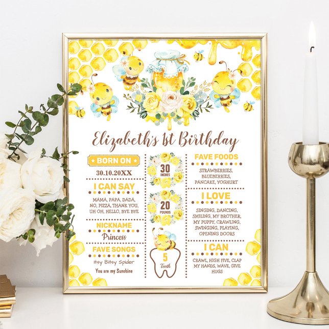 Cute Honey Bee 1st Birthday Stats Milestone Poster (Creator Uploaded)