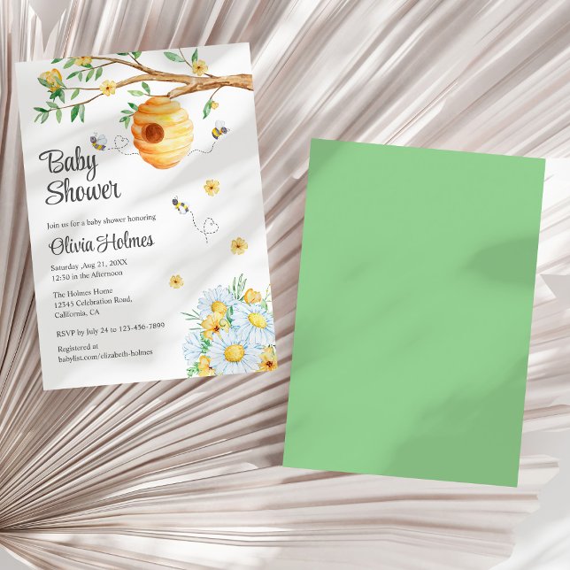 Cute Honey Bee and Chamomille Baby Shower Invitation (Cute Honey Bee and Chamomille Baby Shower Invitation on a sunny white dry palm leaf.)