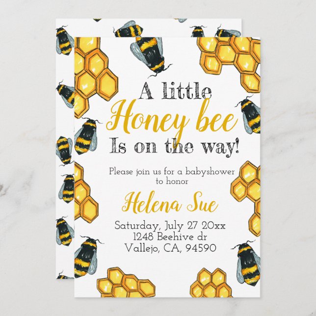 Cute honey bee babyshower invitation (Front/Back)