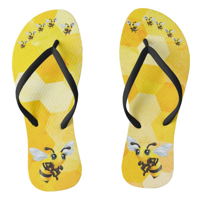 Cute Honey Bee Black and Yellow Flip Flops (Footbed)