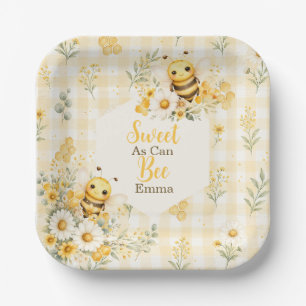 Cute Honey Bee Daisy Floral Yellow Gingham Paper Plate