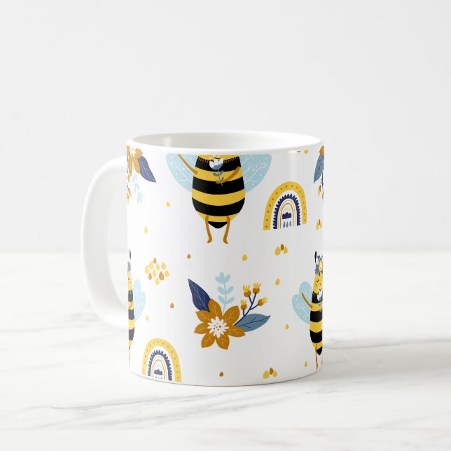 Cute Honey Bee Floral Rainbow Pattern Coffee Mug (Front Left)
