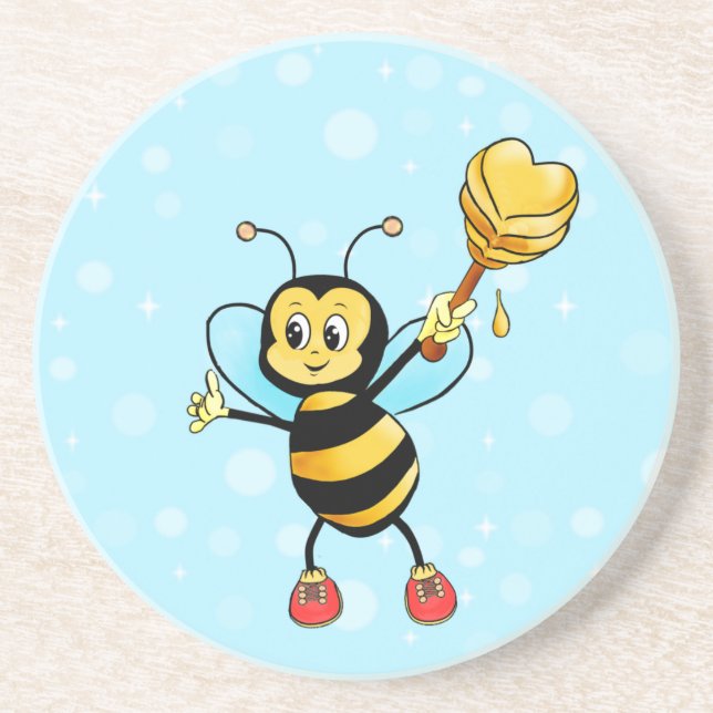 Cute Honey Bee & Heart on Light Blue Coaster (Front)