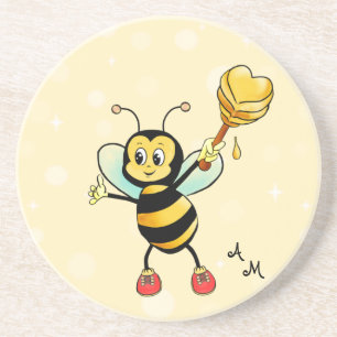 Cute Honey Bee & Monogram on Light Yellow Coaster