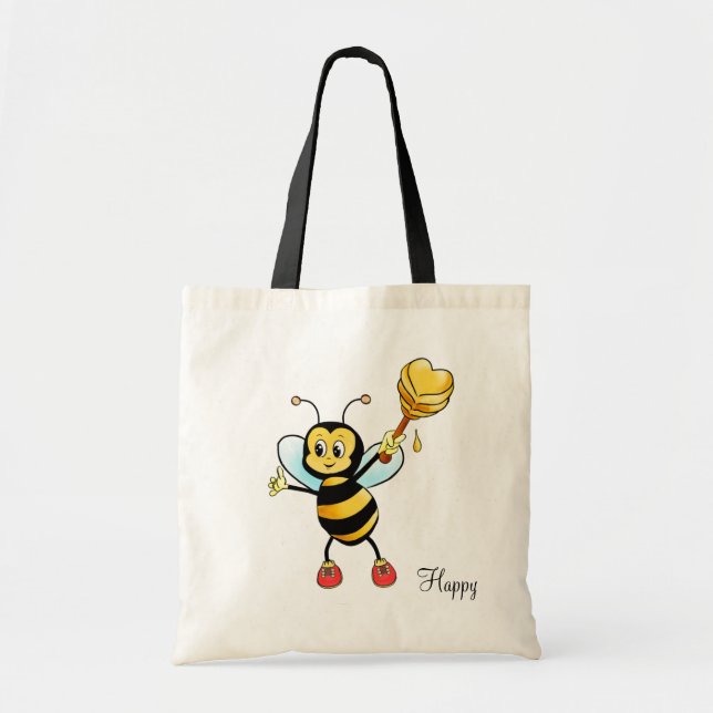 Cute Honey Bee with Heart & Editable Happy Text Tote Bag (Front)