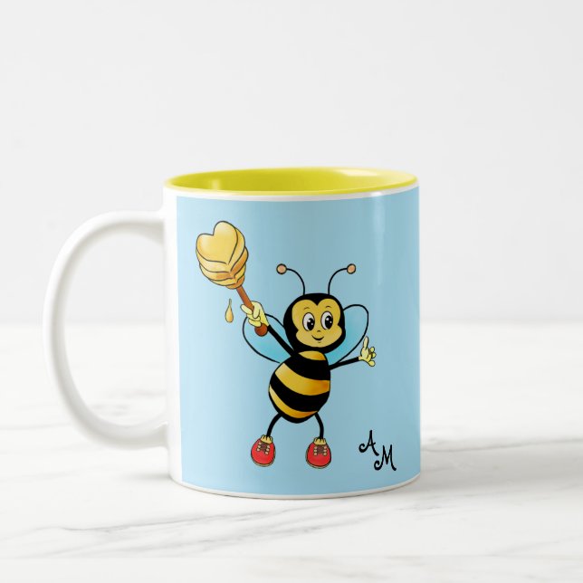 Cute Honey Bee with Heart & Monogram on Light Blue Two-Tone Coffee Mug (Left)