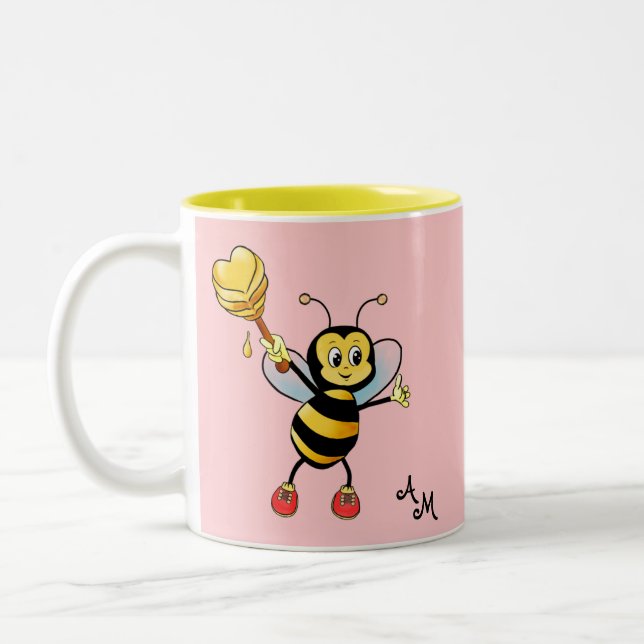 Cute Honey Bee with Heart & Monogram on Light Pink Two-Tone Coffee Mug (Left)