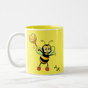 Cute Honey Bee with Heart & Monogram on Yellow Two-Tone Coffee Mug