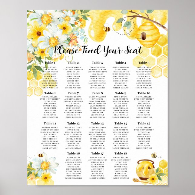 Cute Honey Bees Baby Bridal Shower Wedding Seating Poster (Front)