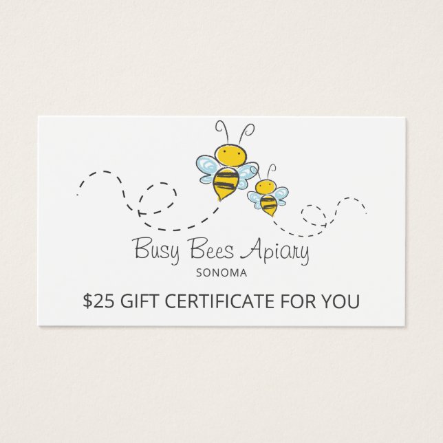 Cute Honey Bees Beekeeper Apiary Gift Certificates (Front)