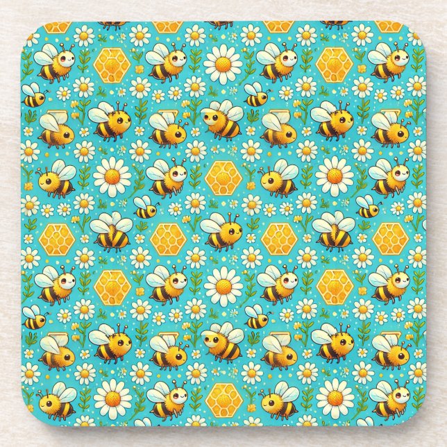 🐝 Cute Honey Bees Daisies Floral Garden Charm 🐝 Coaster (Front)