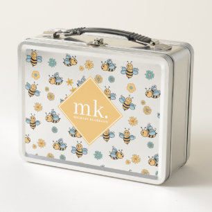 Cute Honey Bees & Floral Wildflowers Monogram Metal Lunch Box
