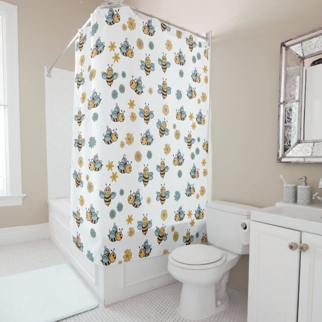 Cute Honey Bees & Floral Wildflowers Shower Curtain (In Situ)
