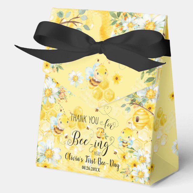 Cute Honey Bees Yellow Floral 1st Birthday One Favour Box (Front)