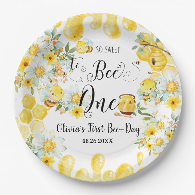 Cute Honey Bees Yellow Floral 1st Birthday One Paper Plate (Front)