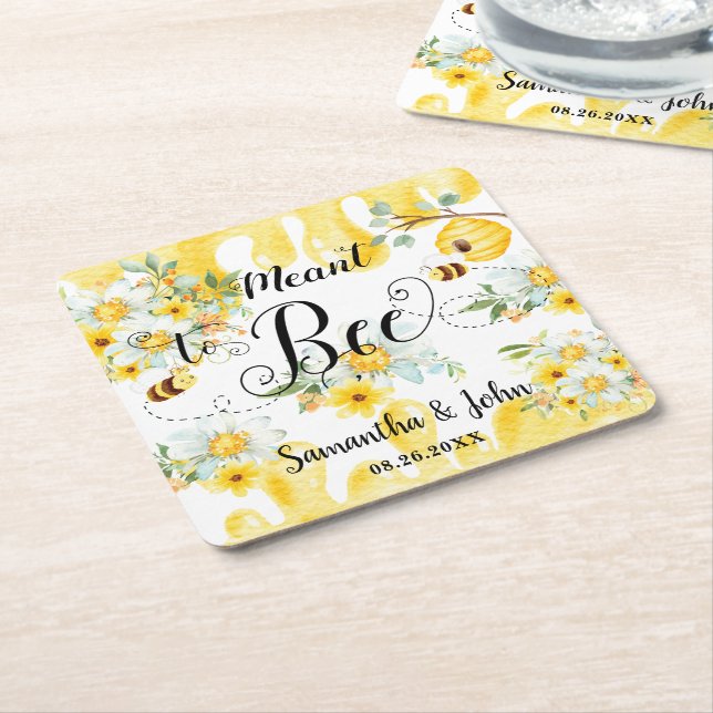 Cute Honey Bees Yellow Floral Wedding Meant to Bee Square Paper Coaster (Angled)