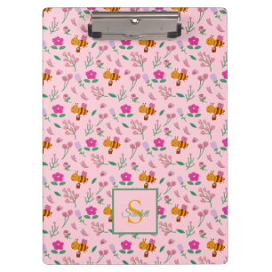 Cute Honey Brown Bee Wildflower Pattern Blush Pink Clipboard