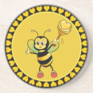Cute Honey Bumble Bee & Hearts on Black & Yellow Coaster