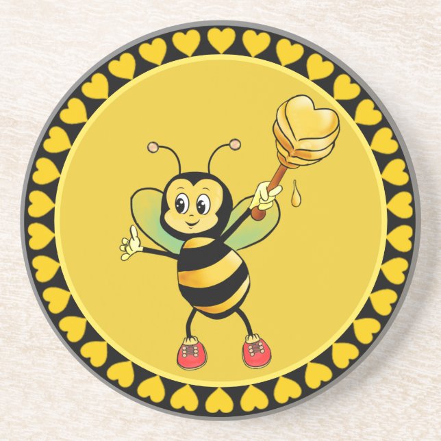 Cute Honey Bumble Bee & Hearts on Black & Yellow Coaster (Front)