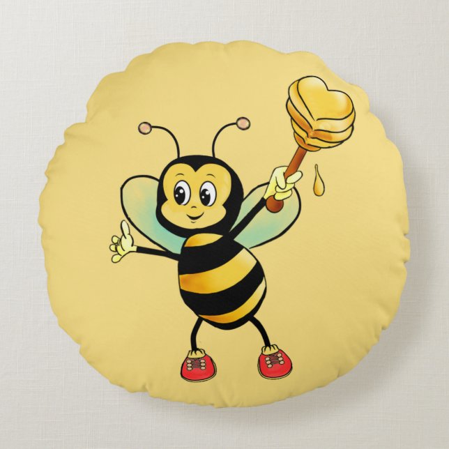 Cute Honey Bumble Bee with Heart on Golden Beige Round Cushion (Front)