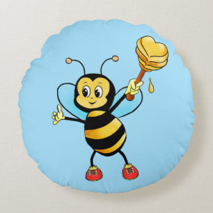 Cute Honey Bumble Bee with Heart on Light Blue Round Cushion