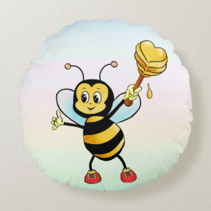 Cute Honey Bumble Bee with Heart on Pastel Colour Round Cushion