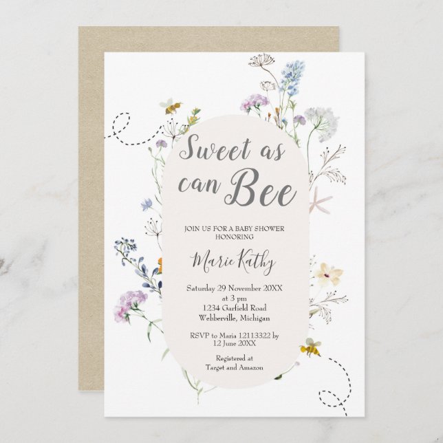 Cute Honey Sweet As Can Bee Wildflower Baby Shower Invitation (Front/Back)