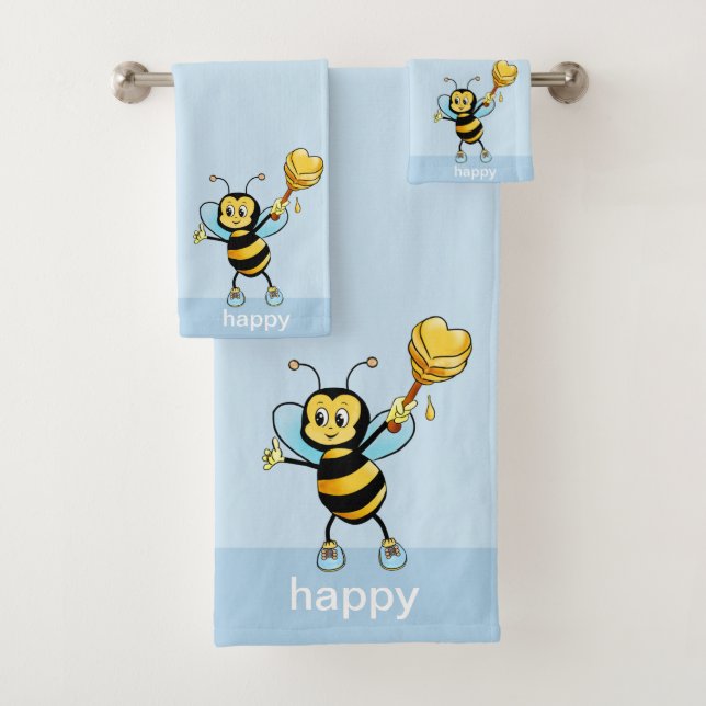 Cute Honeybee on Light Blue Bath Towel Set (Insitu)