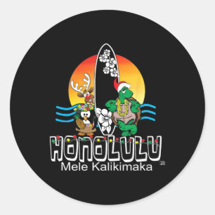 Cute Honolulu Oahu Hawaii Island Surfing Christmas Classic Round Sticker