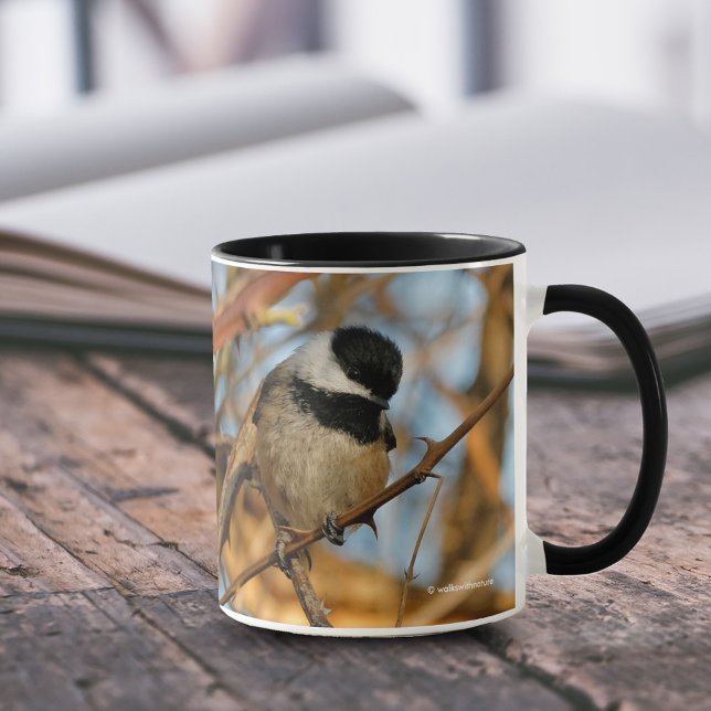 Cute Hopeful Black-Capped Chickadee Songbird Mug (Cute Hopeful Black-Capped Chickadee on Branch 11 oz Coffee Mug Cover Photo.)