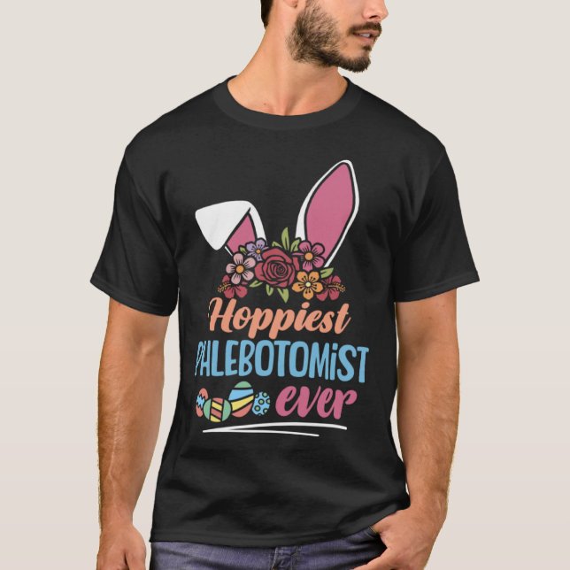 Cute Hoppiest Phlebotomist Ever Bunny Ear Red Plai T-Shirt (Front)
