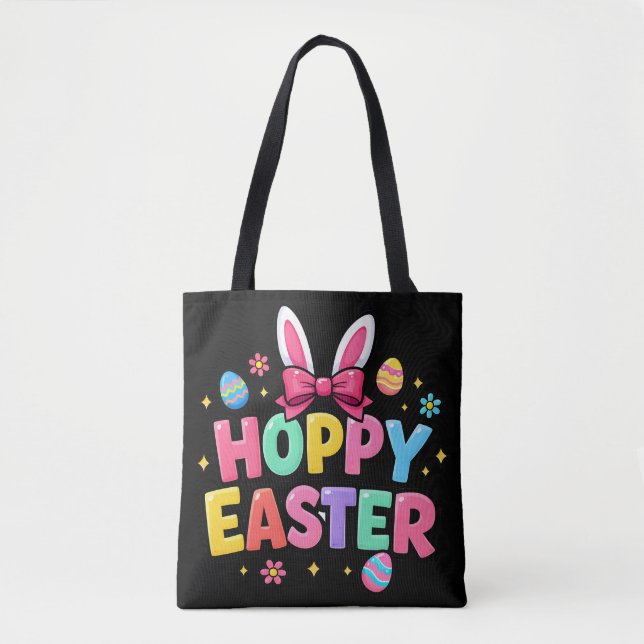 Cute Hoppy Easter Bunny Ears Colourful Easter Eggs Tote Bag (Front)