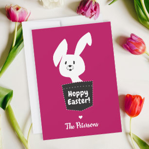 Cute Hoppy Easter Magenta Red White Bunny Cartoon Holiday Card
