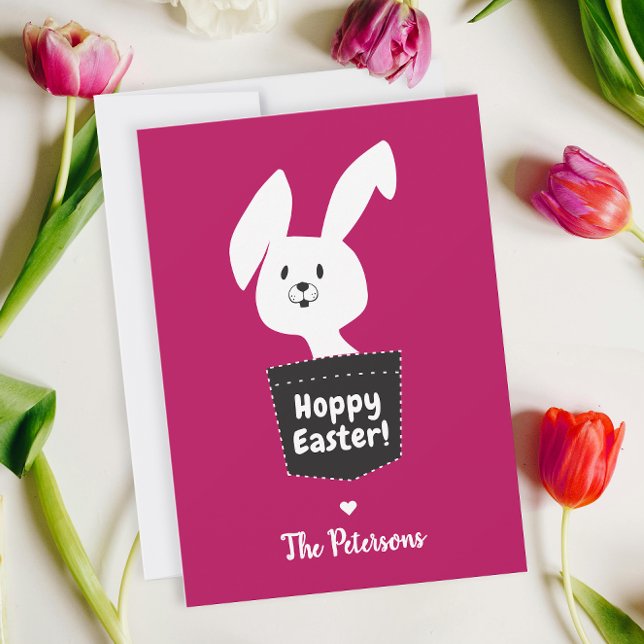 Cute Hoppy Easter Magenta Red White Bunny Cartoon Holiday Card (Creator Uploaded)