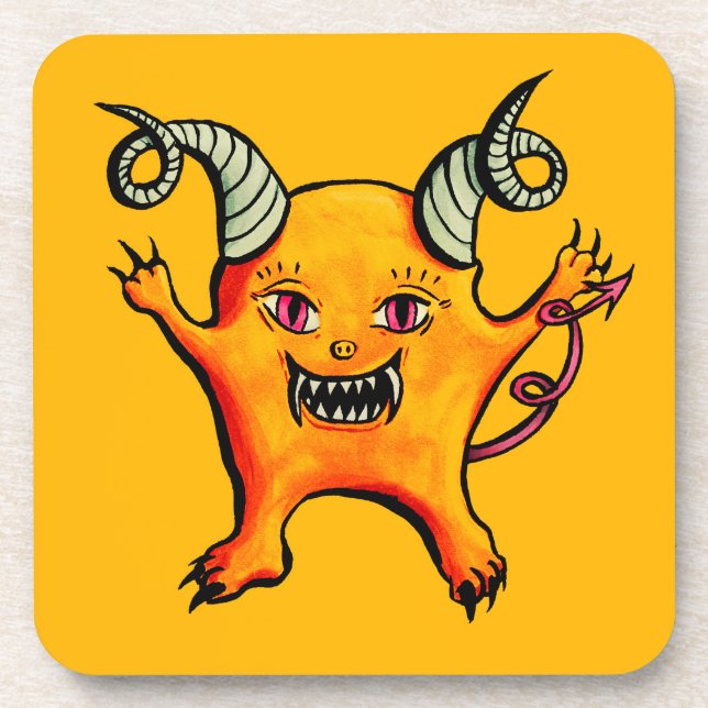 Cute Horned Demon Cartoon Monster Kids Yellow Coaster (Front)
