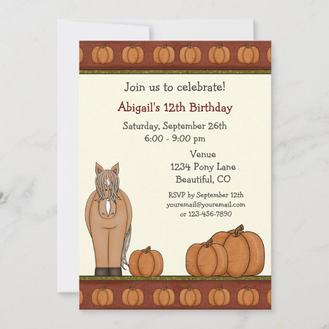 Cute Horse and Fall Pumpkins Autumn Birthday Invitation (Front)