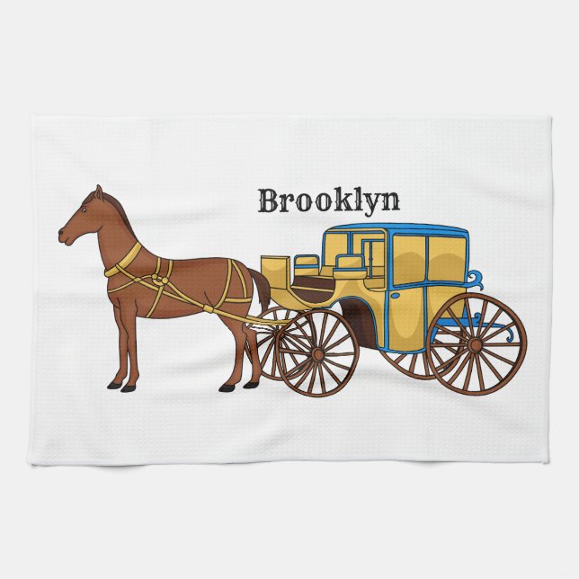 Cute horse and royal carriage illustration tea towel (Horizontal)