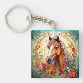 Cute Horse and Wildflowers Key Ring