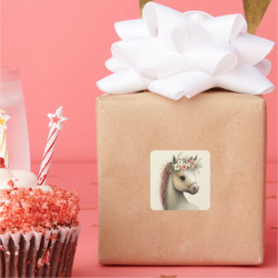 Cute Horse Boho Floral Watercolor Square Sticker