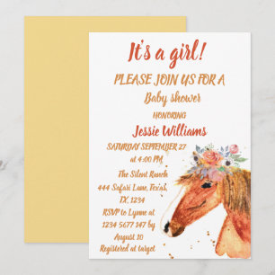 Cute Horse Boho Ranch Baby Girl Western Floral Invitation