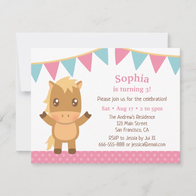 Cute Horse Bunting Flags Girls Birthday Party Invitation (Front)