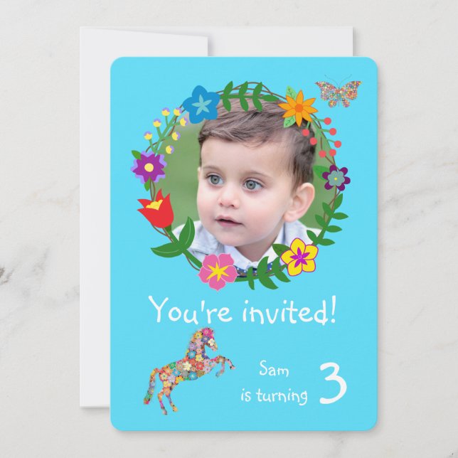 Cute Horse Butterfly Flowers Boys Birthday Party Invitation (Front)