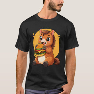 Cute Horse Eating Burger Funny Kawaii Animal Food T-Shirt