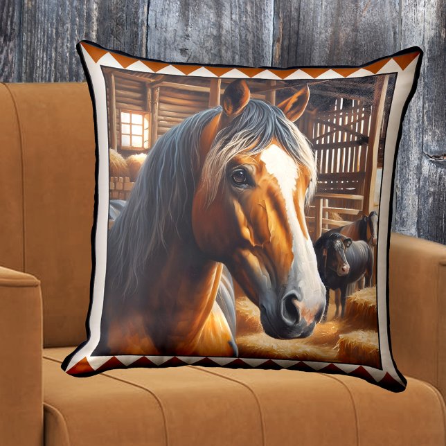 Cute Horse Farm Animal Art Cushion (Pillow featuring a painting of a cute horse in a stable with other animals - farmhouse - horse lover)
