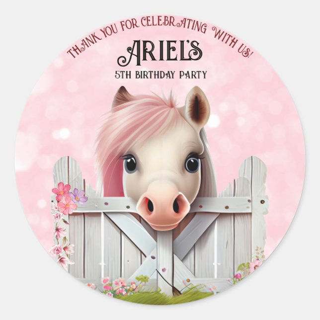 Cute Horse near Fence Birthday Party Personalised Classic Round Sticker (Front)
