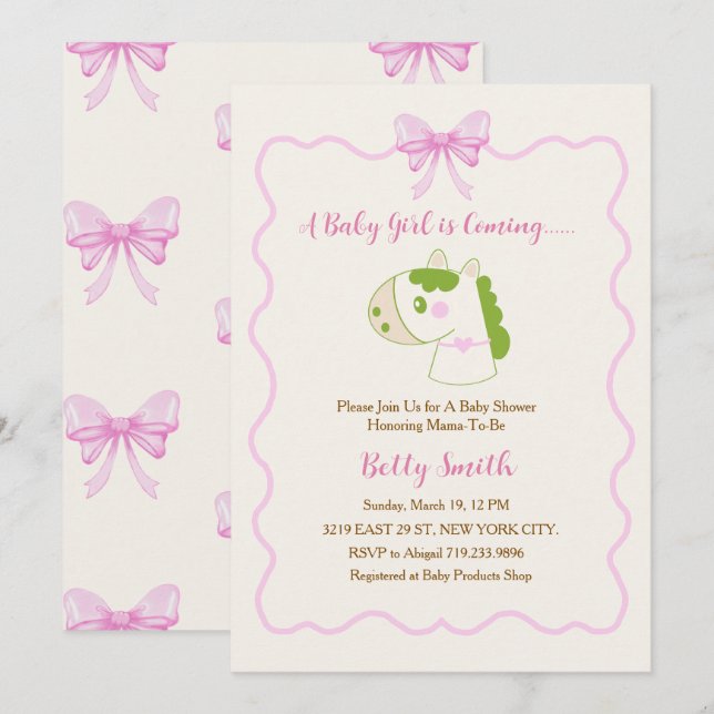 Cute Horse Pink Bow Personalized Girl Baby Shower  Invitation (Front/Back)