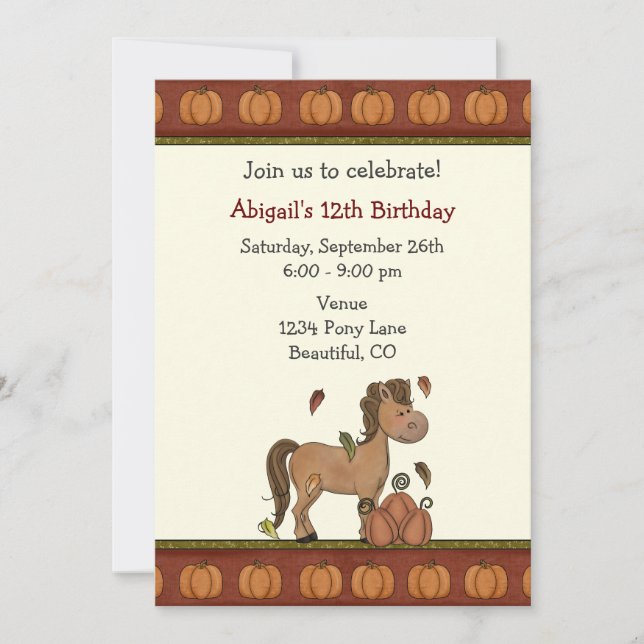 Cute Horse, Pumpkins, Autumn Leaves Fall Birthday Invitation (Front)